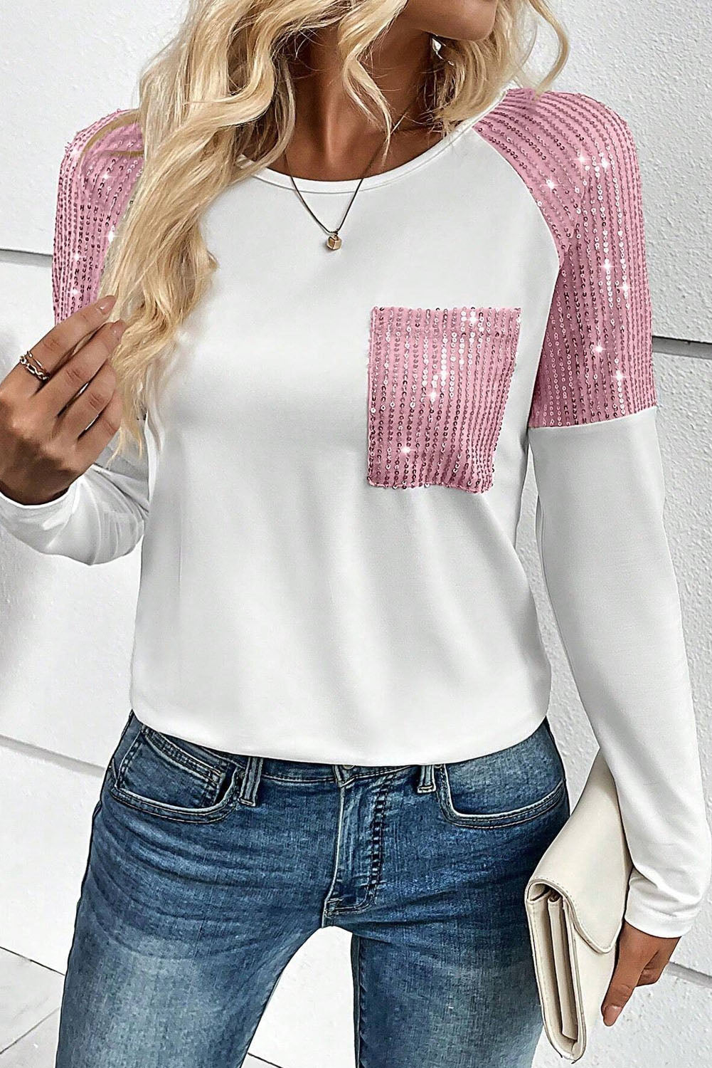 Pink Sequin Patch Chest Pocket Raglan Sleeve Top Tops & Tees JT's Designer Fashion