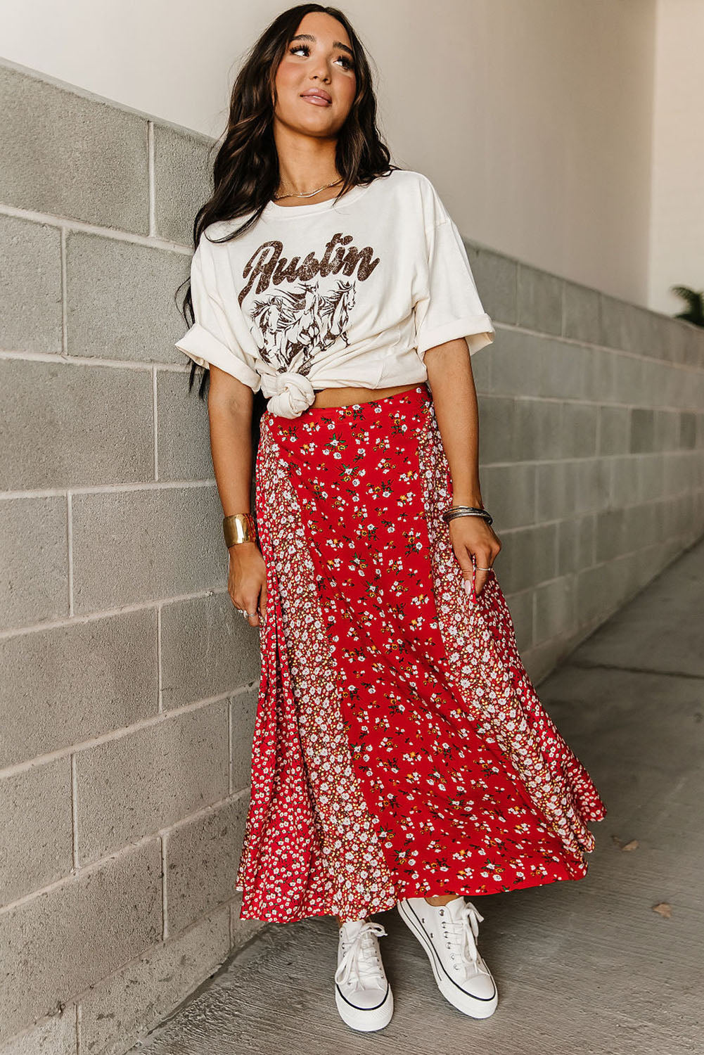 Red Floral Patchwork Print Flowy Maxi Skirt Bottoms JT's Designer Fashion