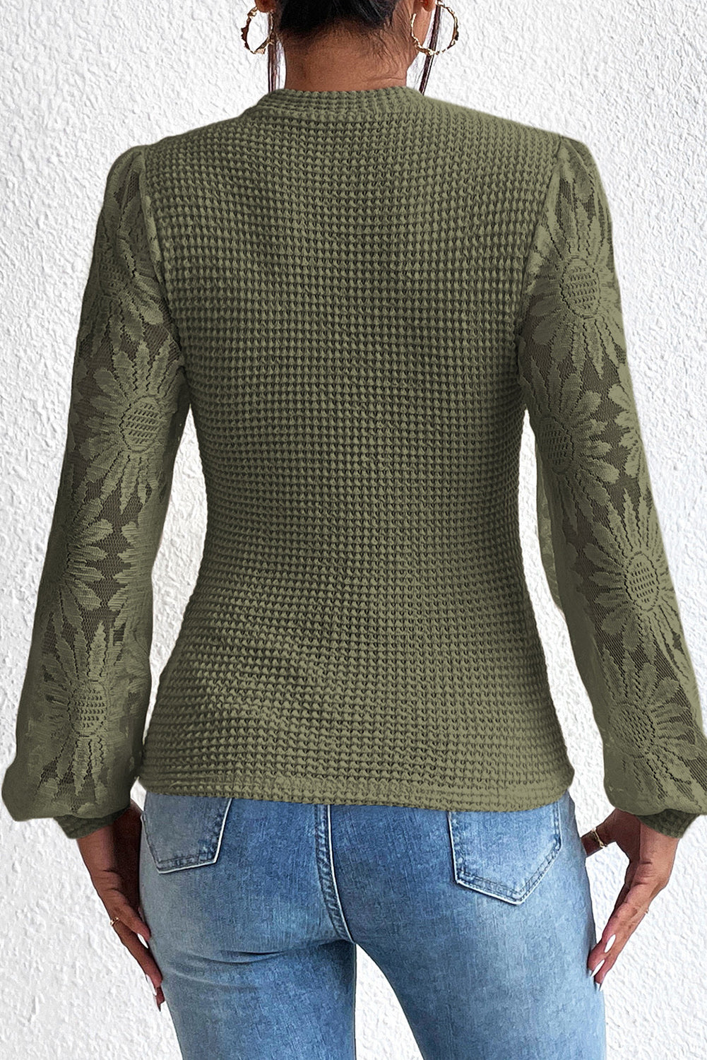 Pickle Green Sunflower Mesh Long Sleeve Waffle Knit Top Tops & Tees JT's Designer Fashion