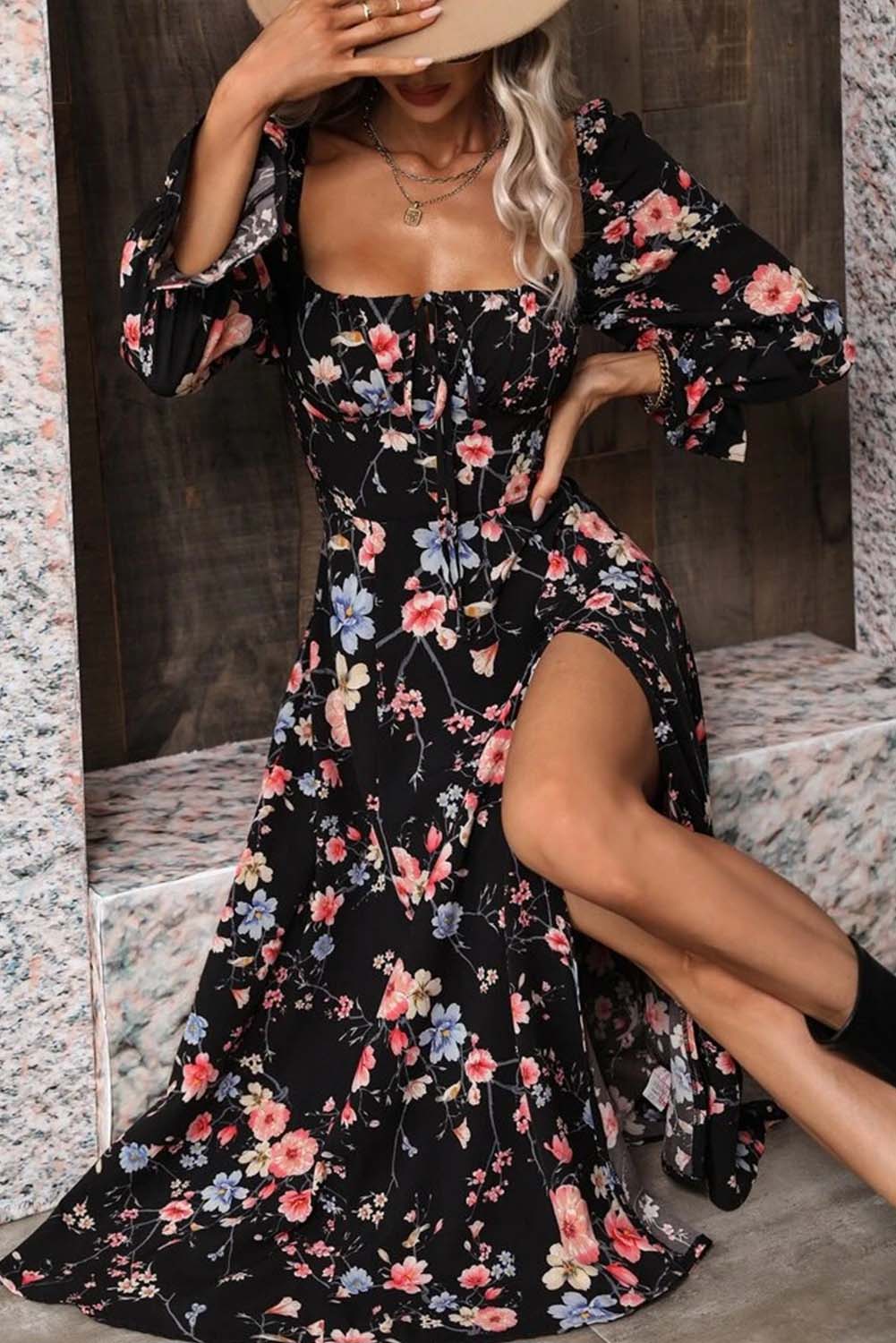 Black Floral Square Neck Long Sleeve High Split Dress Dresses JT's Designer Fashion