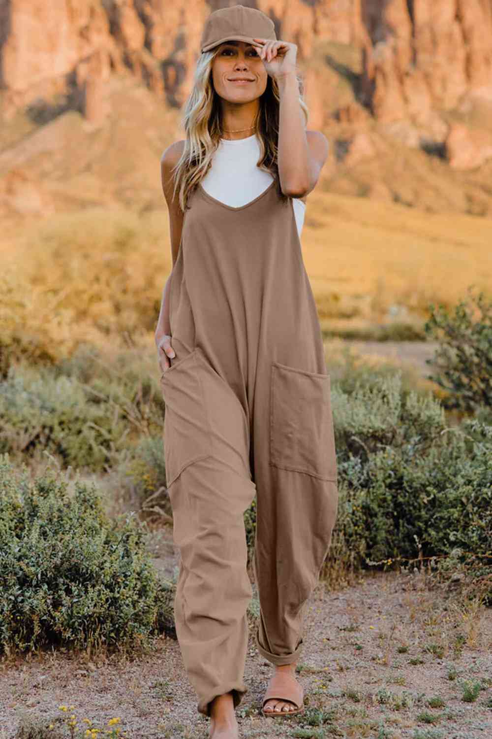 Double Take V-Neck Sleeveless Jumpsuit with Pocket Tan Jumpsuits & Rompers JT's Designer Fashion