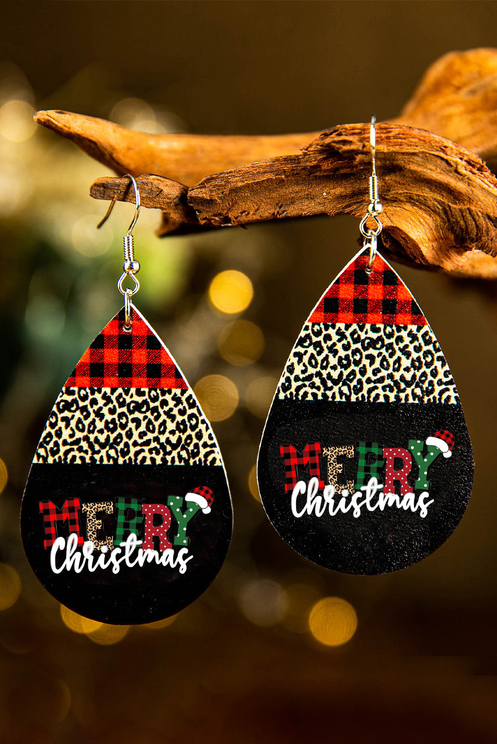 Black Merry Christmas Leopard Plaid Drop Earrings Jewelry JT's Designer Fashion