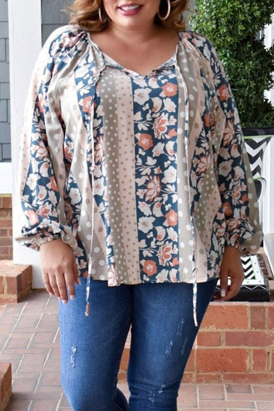 Multicolor Plus Size Mixed Print Split Neck Blouse Plus Size JT's Designer Fashion