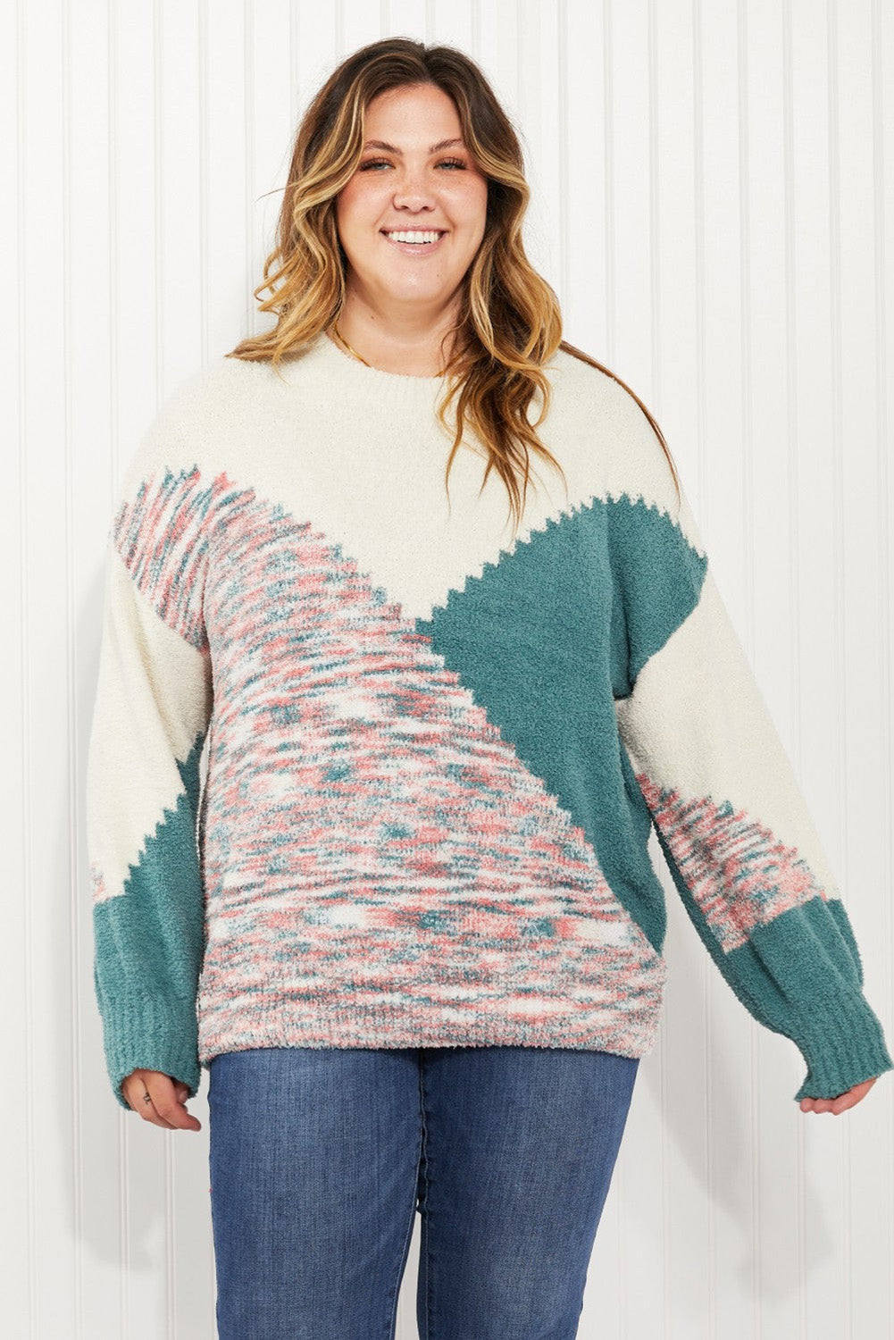 Multicolor Scalloped Color Block Plus Size Sweater Plus Size JT's Designer Fashion