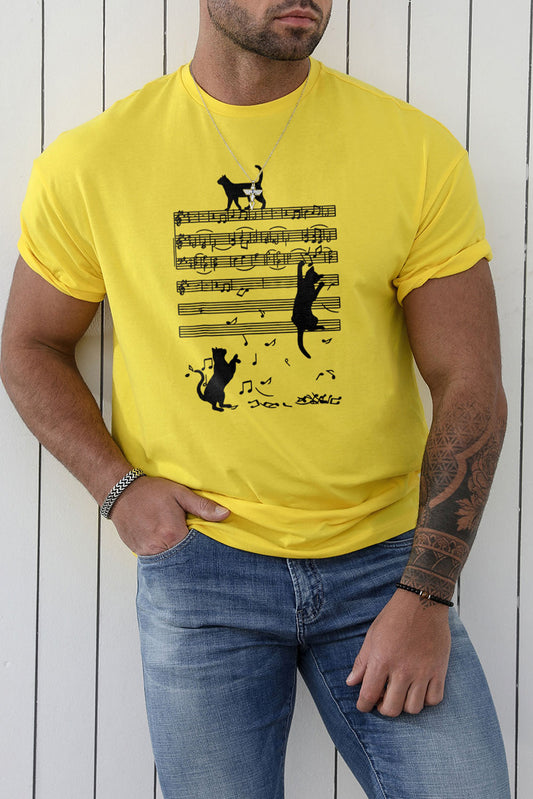 Yellow Cat Music Note Graphic Print O-neck Men's T Shirt Yellow 62%Polyester+32%Cotton+6%Elastane Men's Tops JT's Designer Fashion