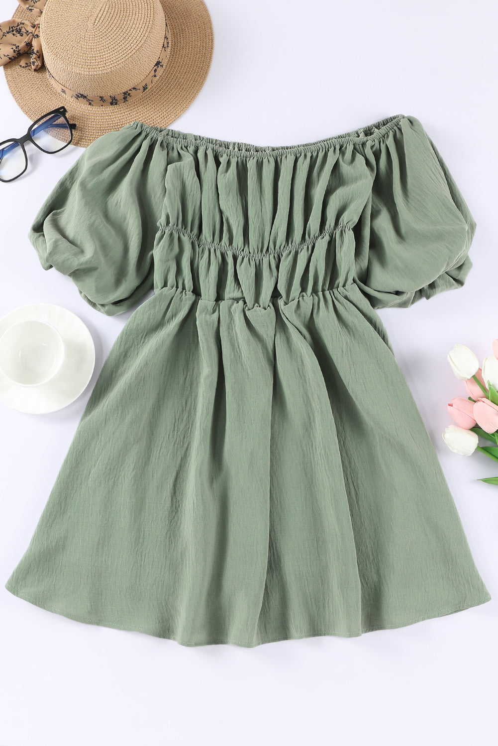 Green Shirred Bubble Sleeve Off Shoulder Babydoll Dress Mini Dresses JT's Designer Fashion