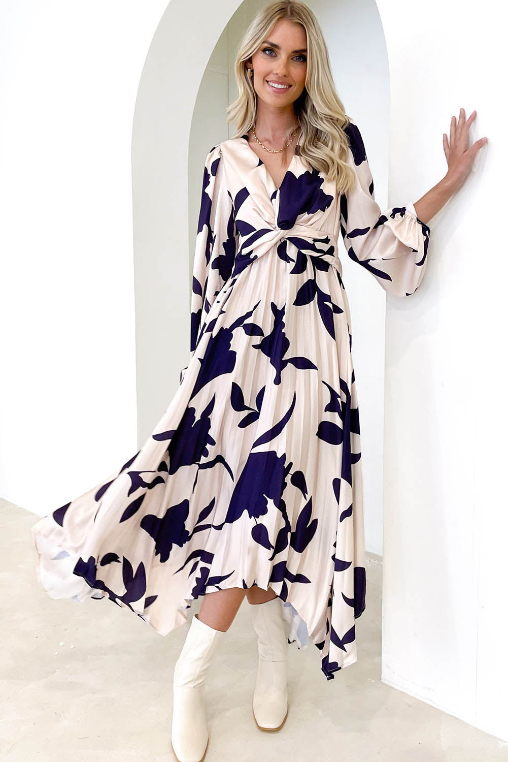 White Twisted Front Bubble Sleeve Floral Print Midi Dress Dresses JT's Designer Fashion