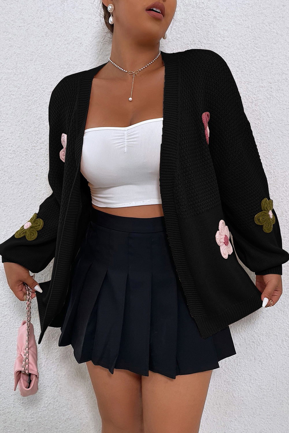 Black Floral Applique Drop Shoulder Bubble Sleeve Cardigan Pre Order Sweaters & Cardigans JT's Designer Fashion