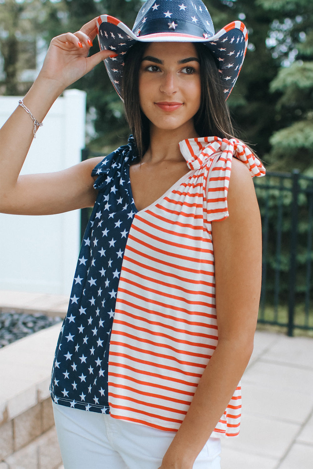 Red American Flag Color Block Knotted Straps Tank Top Tank Tops JT's Designer Fashion