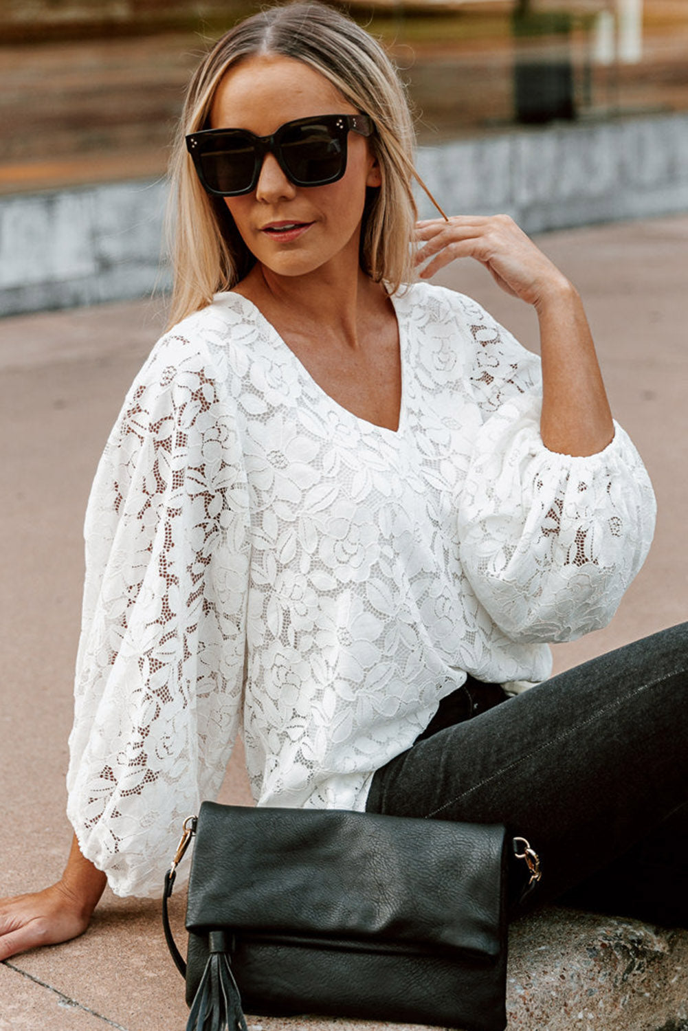 White Floral Lace Crochet Loose Fit V Neck Top Tops & Tees JT's Designer Fashion