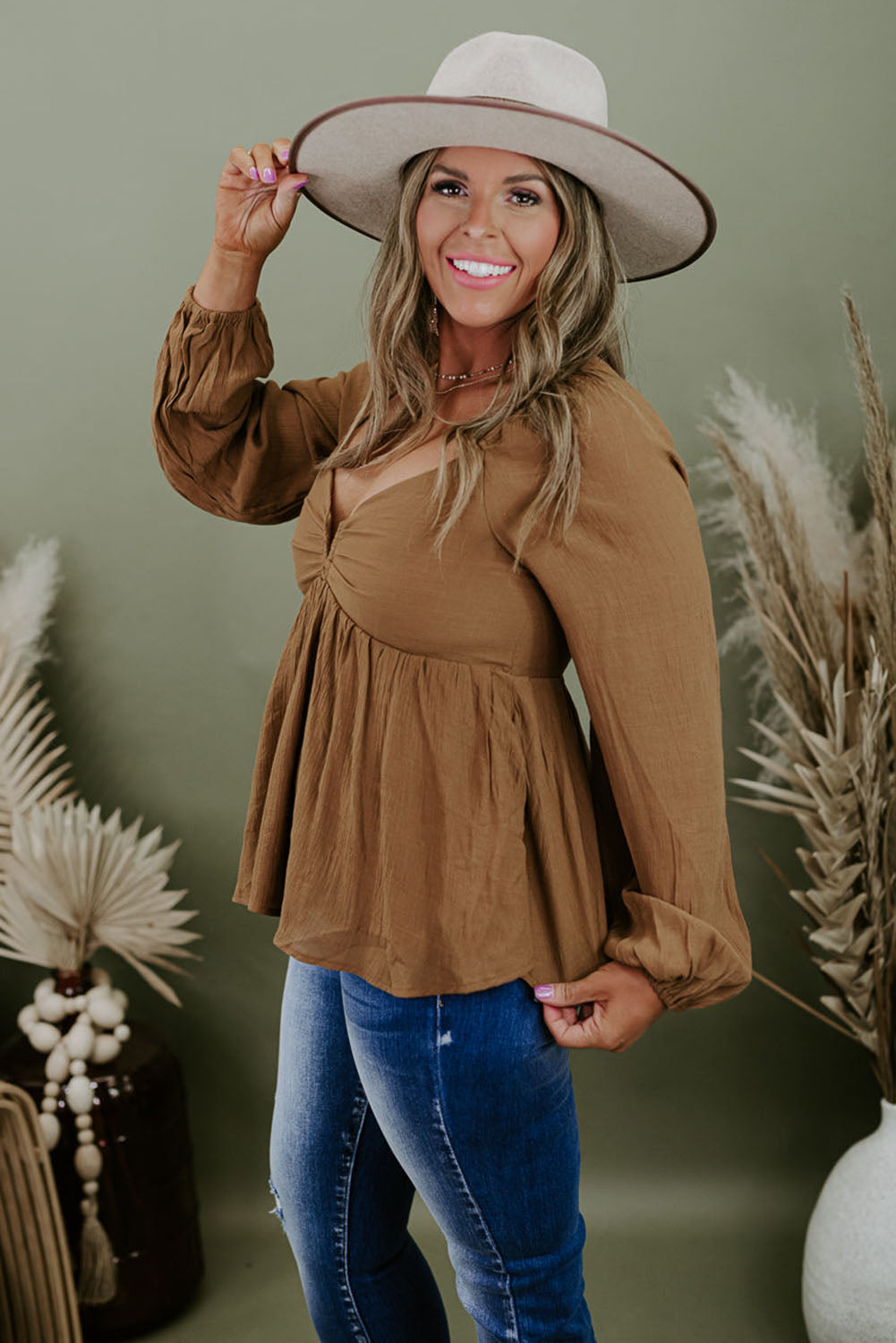 Khaki V-Neck Long Sleeve Shirred Peplum Plus Size Blouse Plus Size JT's Designer Fashion