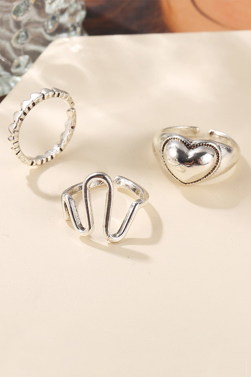 Silver 3 pieces Peach Heart Ring Open Joint Ring Set Jewelry JT's Designer Fashion