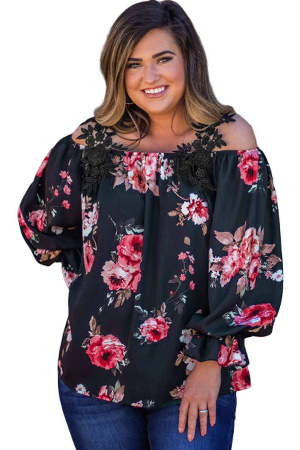 Navy Blue Plus Size Crochet Detail Cold shoulder Floral Blouse Plus Size JT's Designer Fashion