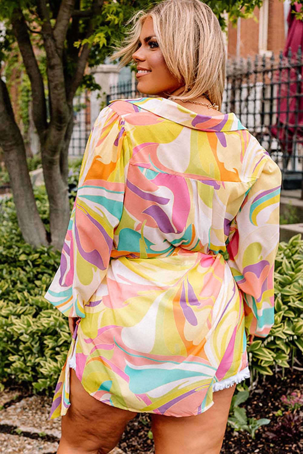 Multicolor Geometric Print Long Sleeve Tied Plus Size Shirt Plus Size JT's Designer Fashion