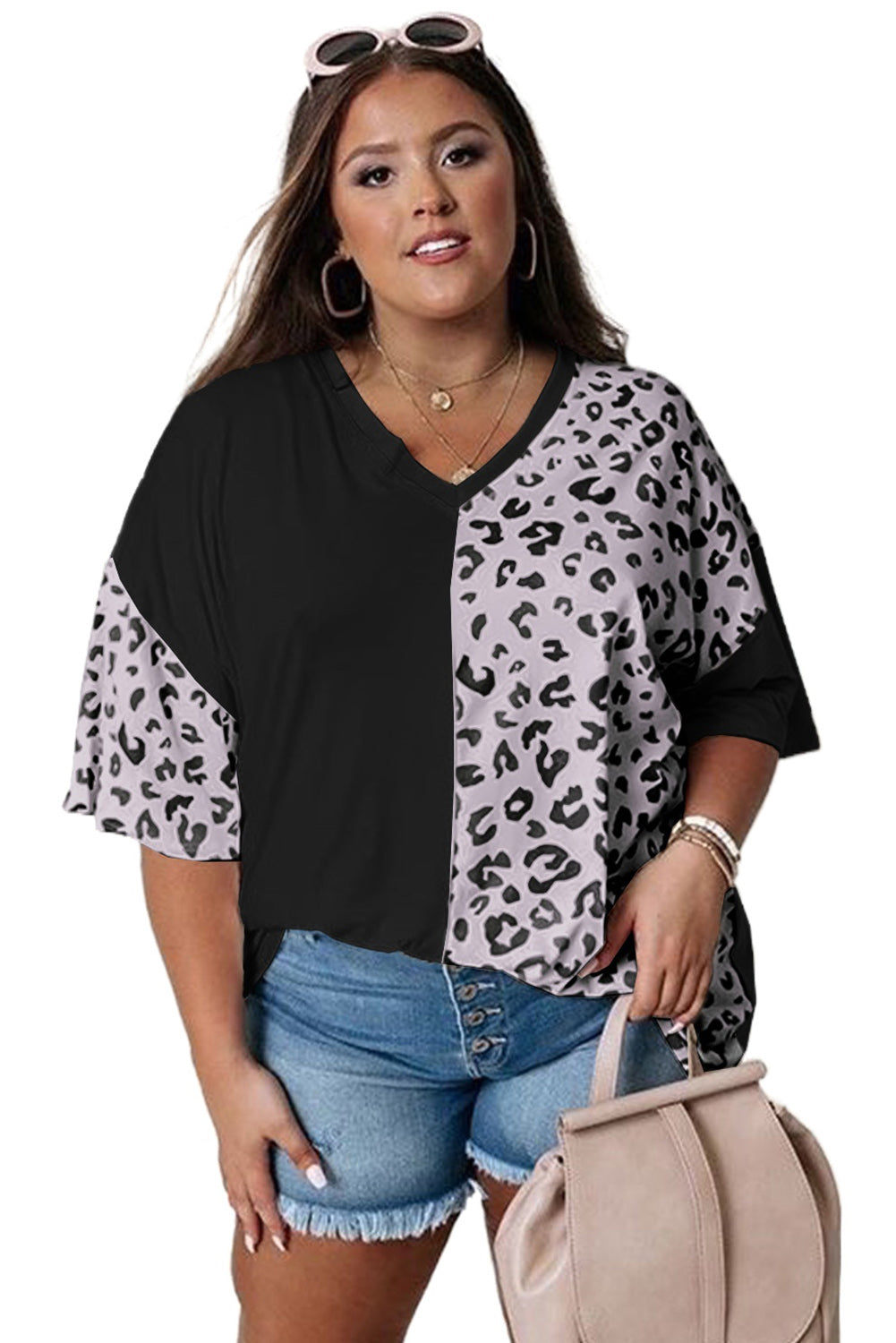 Black Plus Size Leopard Patchwork Short Sleeve Top Plus Size Tops JT's Designer Fashion