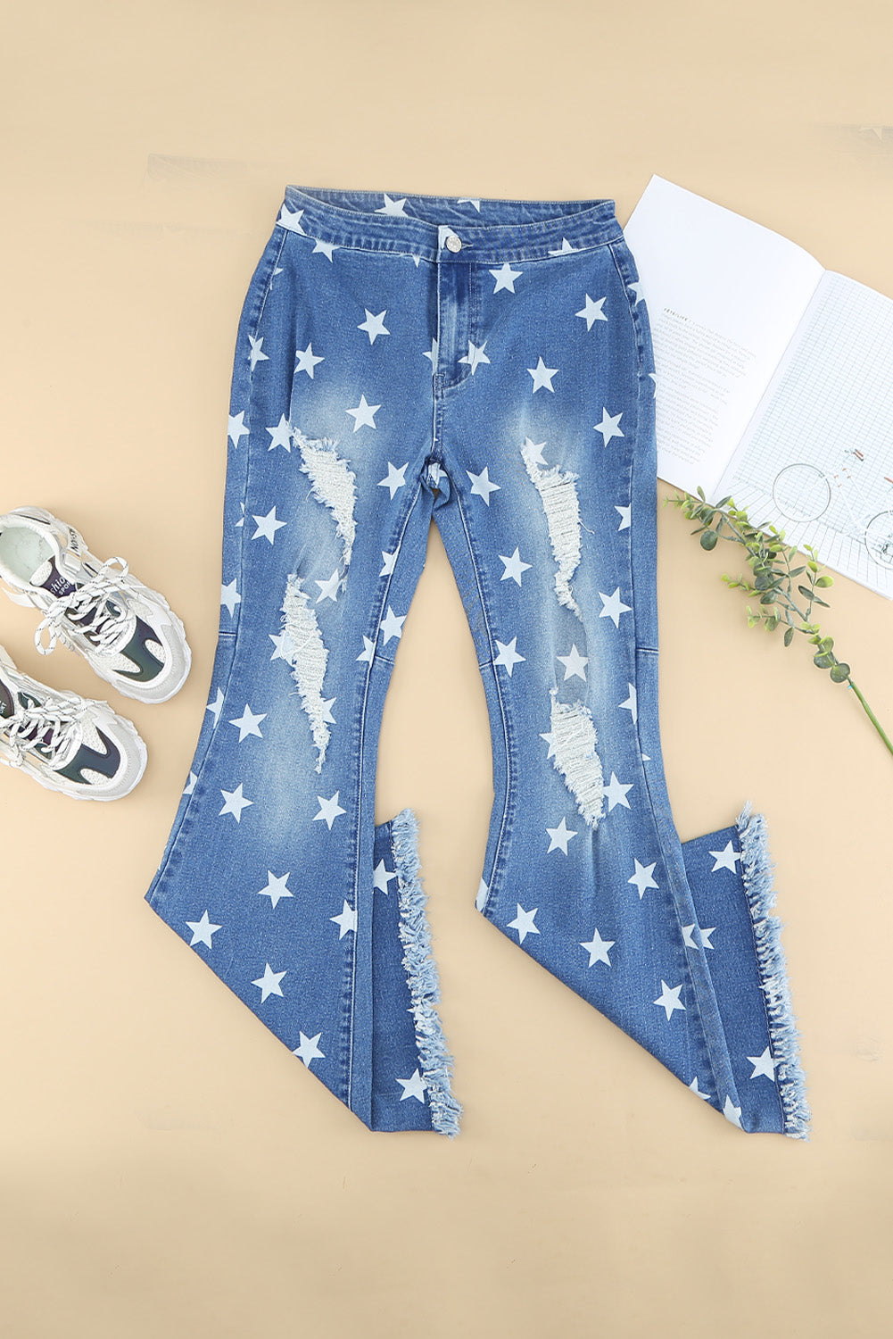 Star Print Distressed Raw Hem Flare Jeans Jeans JT's Designer Fashion