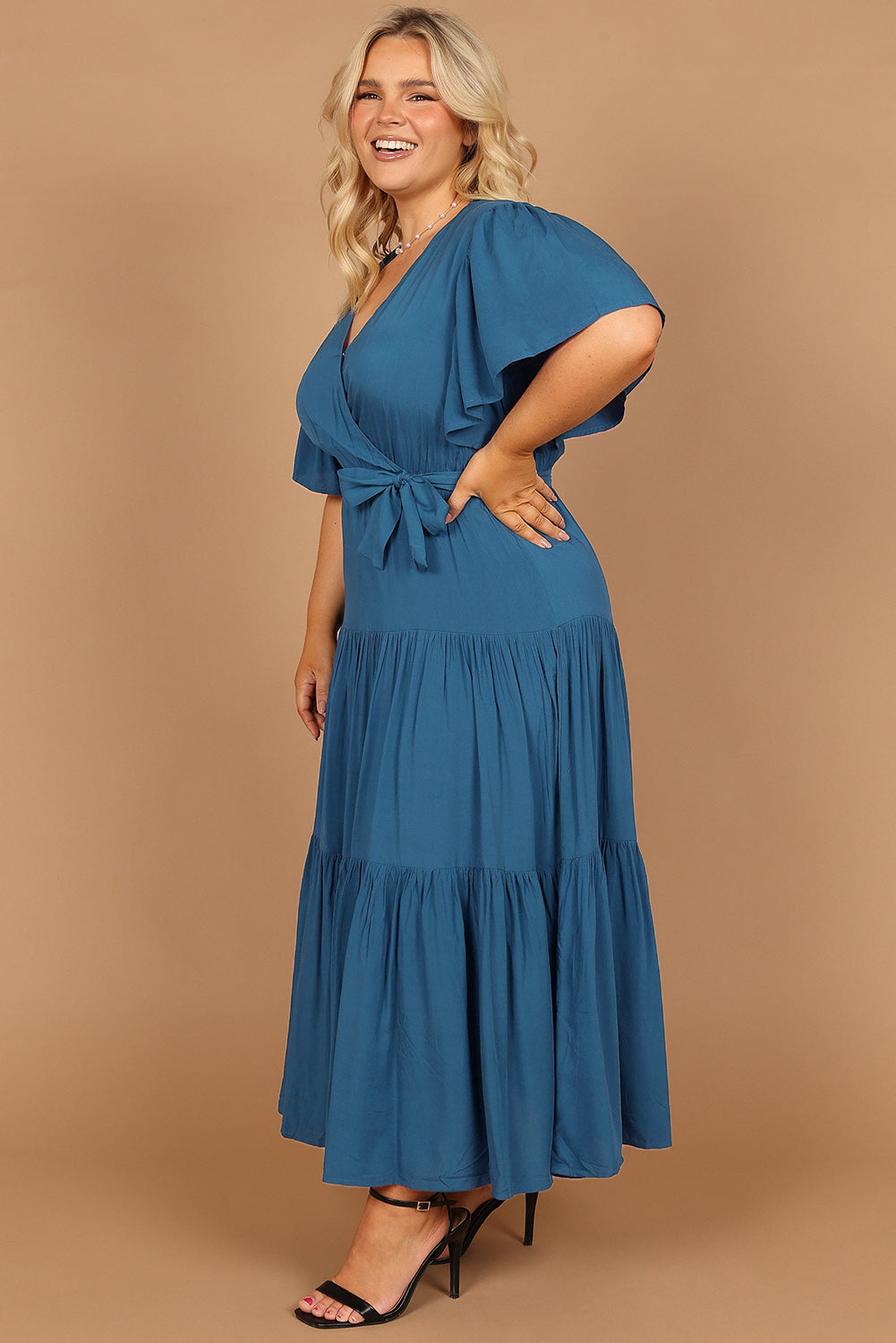 Green Plus Size Pleated Lace-up V Neck Wrap Maxi Dress Plus Size Dresses JT's Designer Fashion