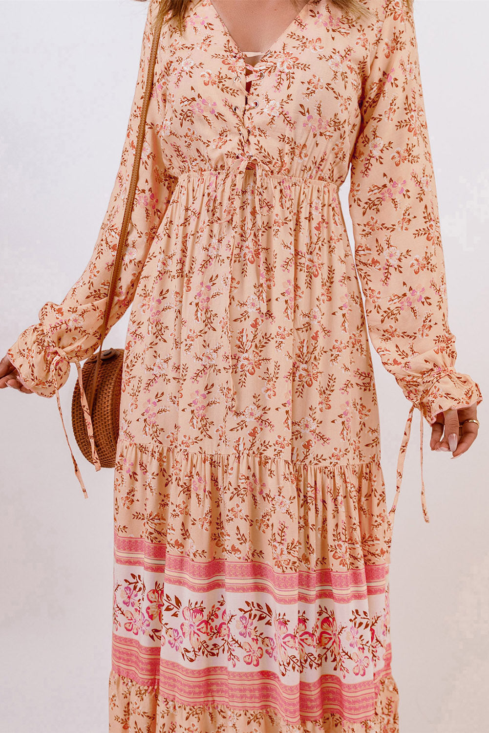 Orange Drawstring Lace-up V Neck Long Sleeve Floral Maxi Dress Maxi Dresses JT's Designer Fashion