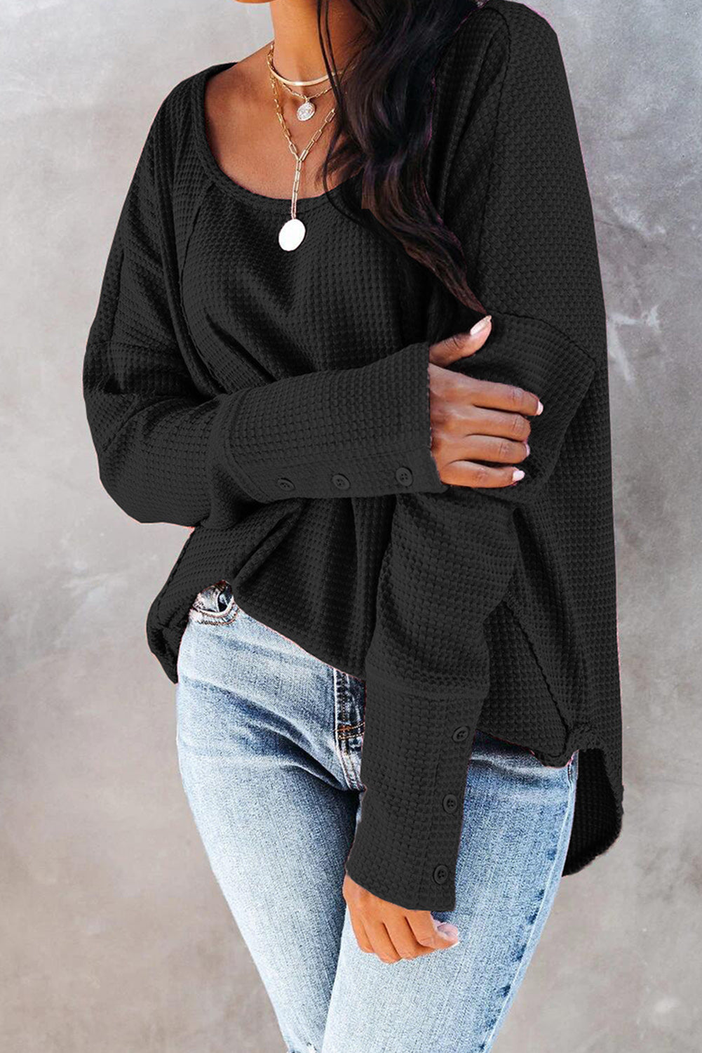 Black Waffle Knit Splicing Buttons Long Sleeve Top Long Sleeve Tops JT's Designer Fashion