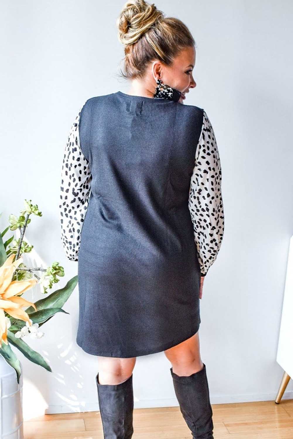 Black Animal Spotted Puff Sleeve Plus Size Waffle Dress Plus Size JT's Designer Fashion