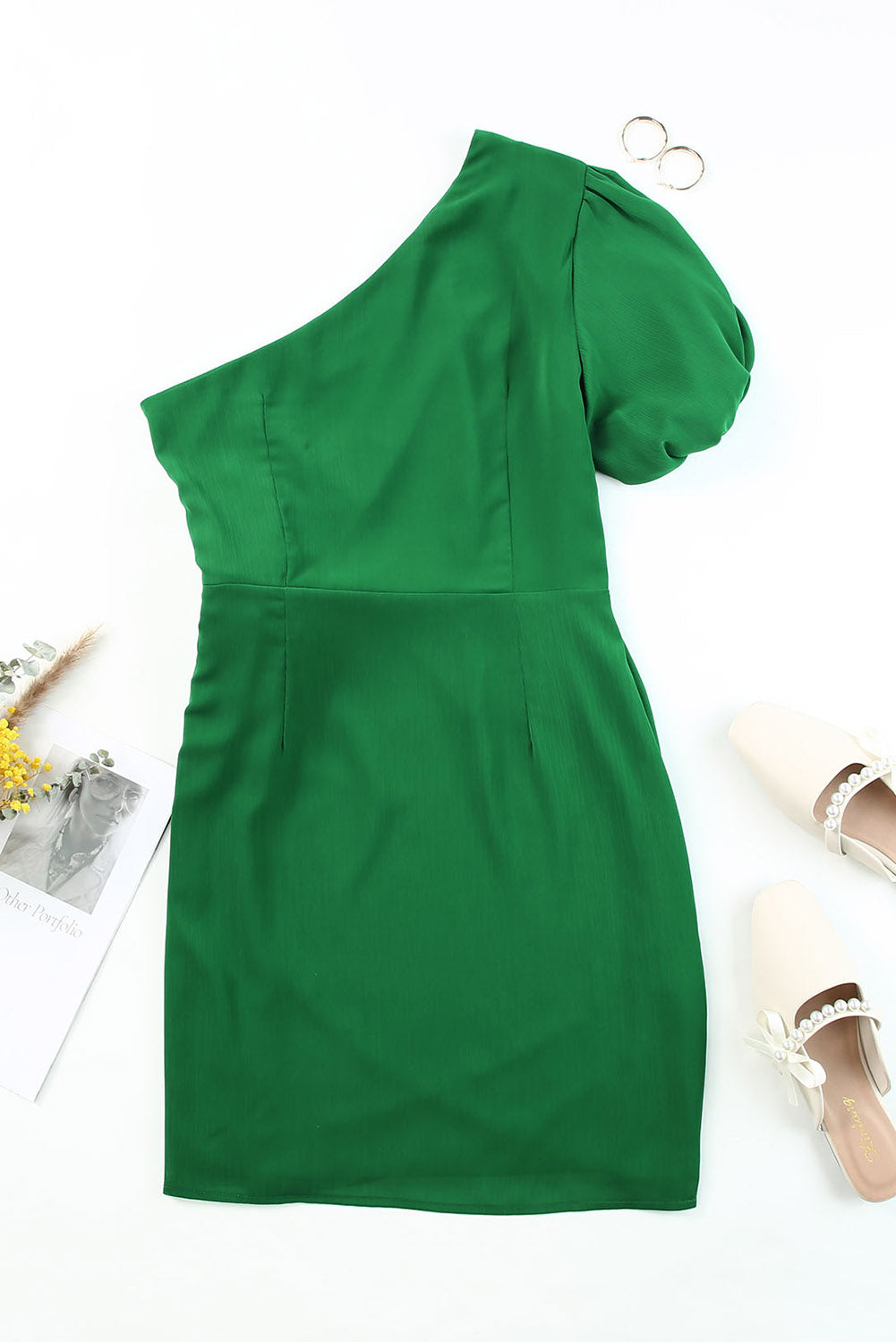 Green Asymmetric Bubble Sleeve Twist Knot Wrap Dress Mini Dresses JT's Designer Fashion