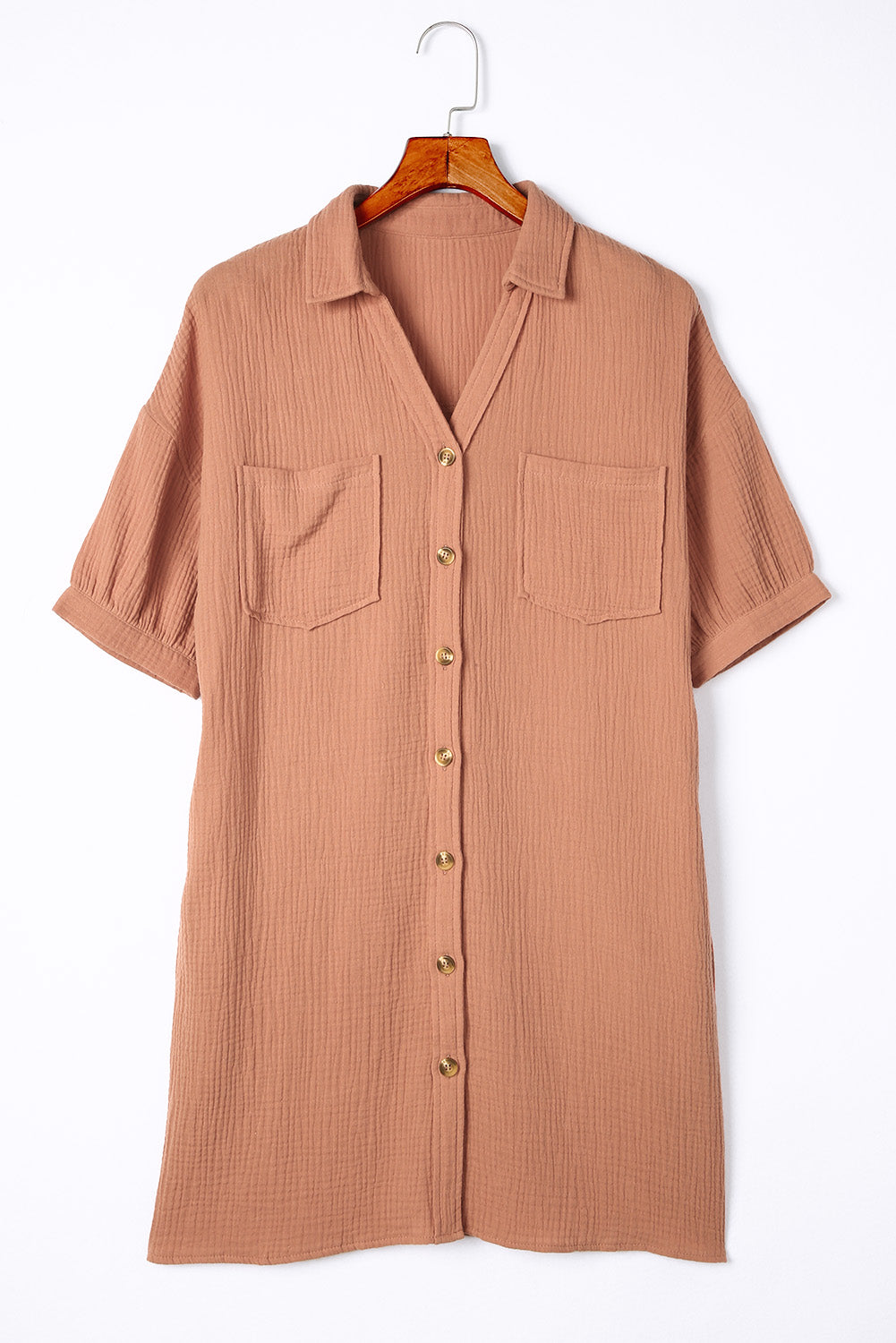 Brown Crinkle Textured Joint Bubble Sleeve Shirt Dress Mini Dresses JT's Designer Fashion