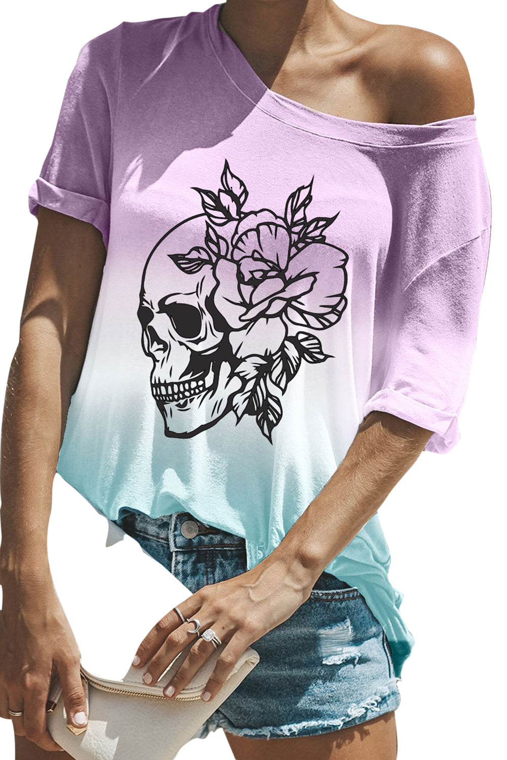 Purple Skull & Floral Print Ombre T Shirt Graphic Tees JT's Designer Fashion