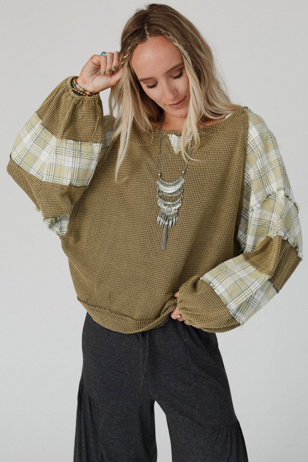 Green Waffle Knit Plaid Patch Long Sleeve Top Tops & Tees JT's Designer Fashion