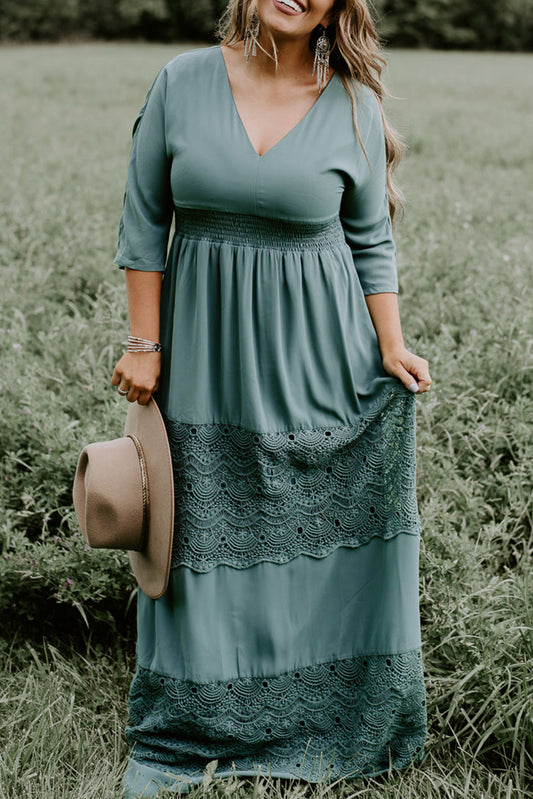 Mist Green Plus Size V-Neck Ruched Waist Lace Maxi Dress Plus Size JT's Designer Fashion