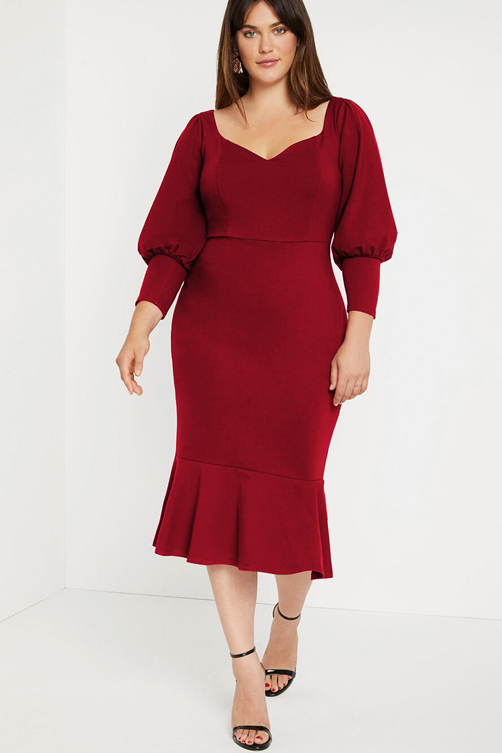 Red Plus Size Puff Sleeve Ruffle Hem Midi Dress Plus Size JT's Designer Fashion