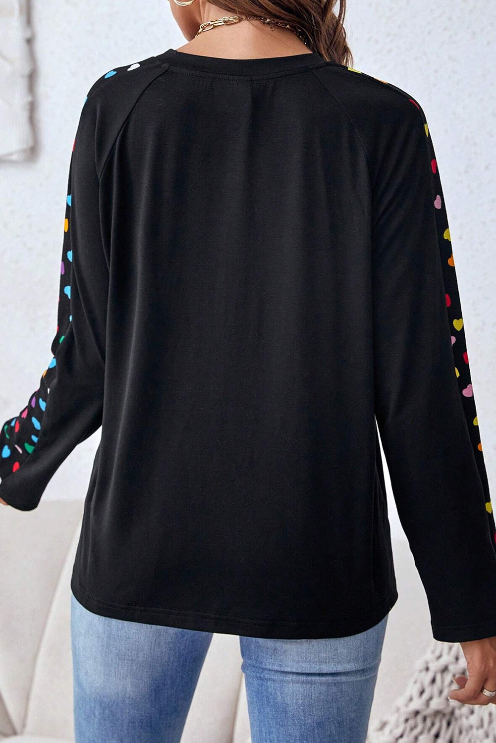 Black Colorful Heart Print Raglan Sleeve Patched Pocket Top Long Sleeve Tops JT's Designer Fashion