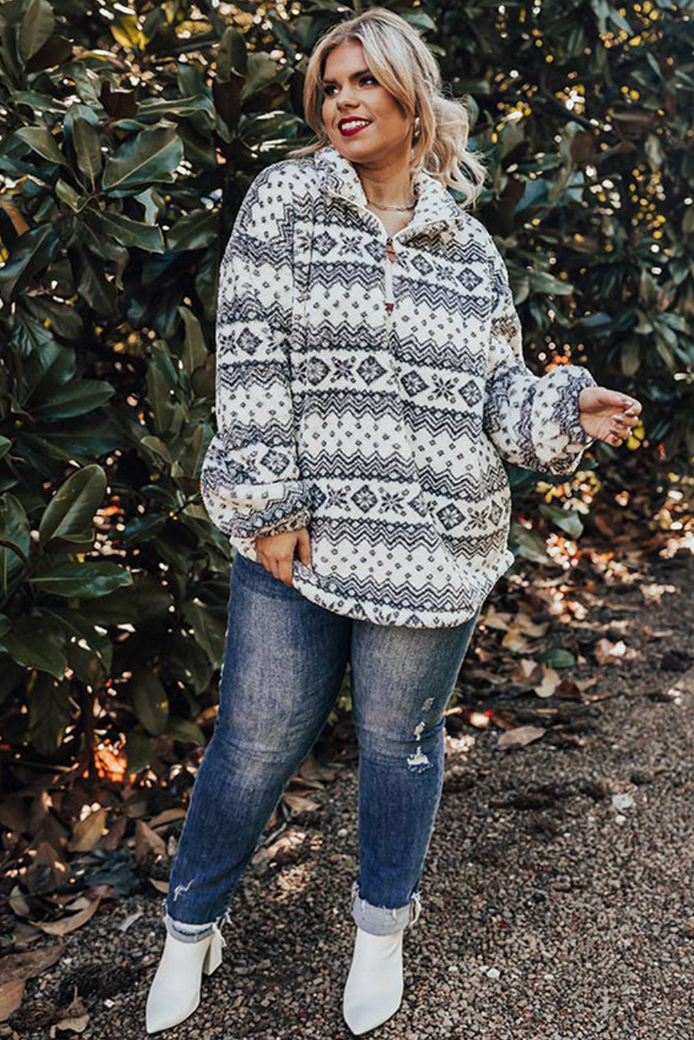 White Sherpa Geometric Print Quarter Zip Plus Size Hoodie Plus Size JT's Designer Fashion