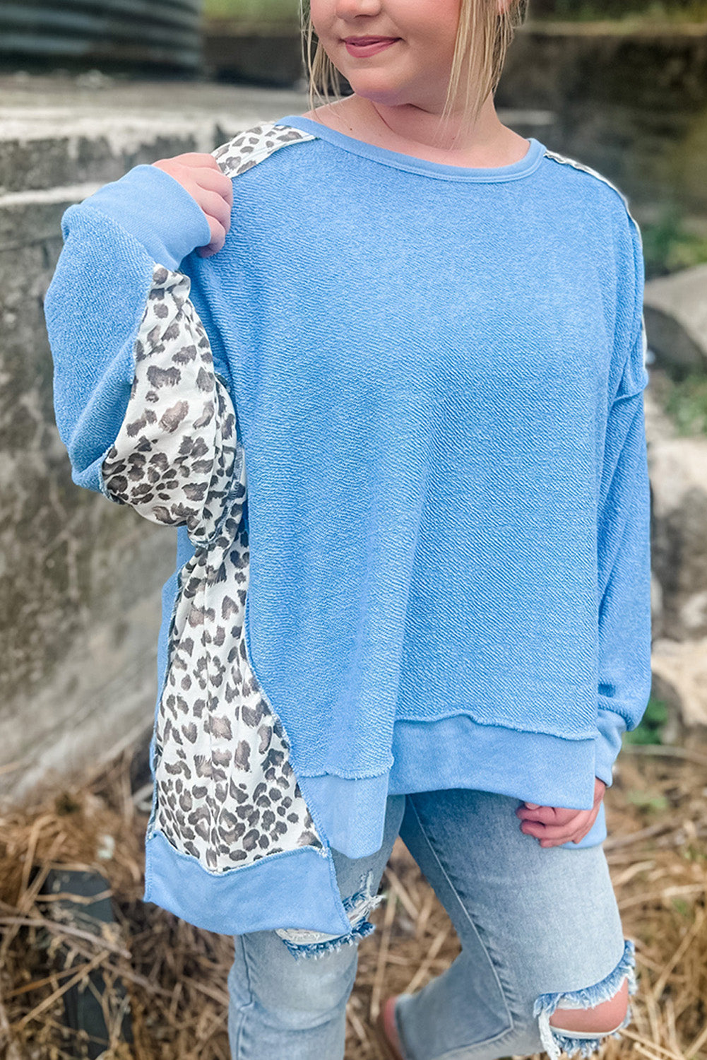 Sky Blue Exposed Seam Leopard Splicing Plus Size Sweatshirt Plus Size JT's Designer Fashion