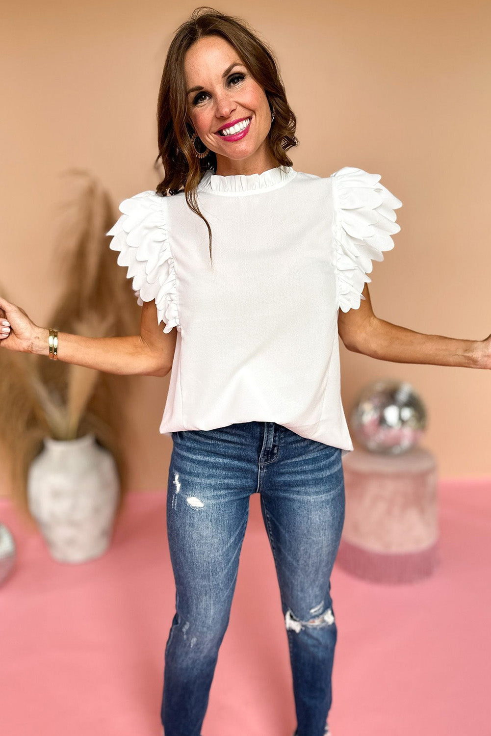 White Solid Scalloped Ruffle Sleeve Top Tops & Tees JT's Designer Fashion