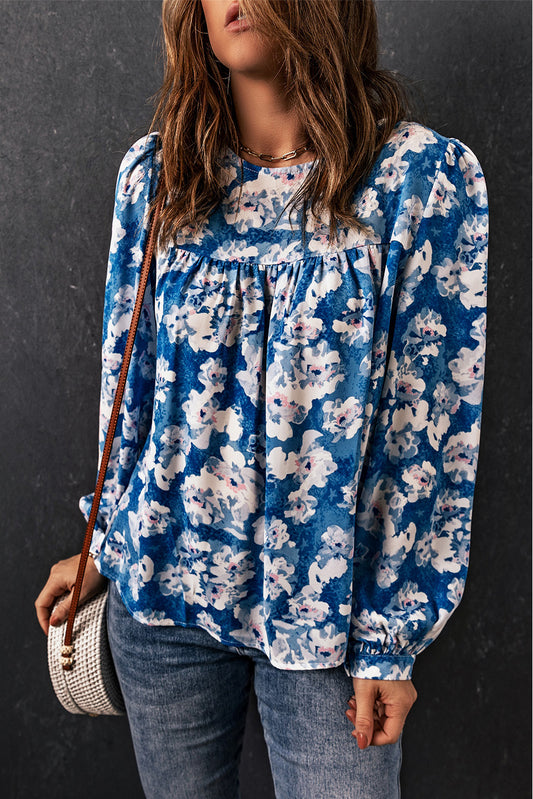 Blue Floral Print Puffy Sleeve Babydoll Blouse Blouses & Shirts JT's Designer Fashion