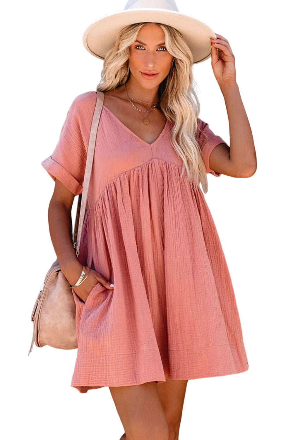 Pink Roll Up Short Sleeve V Neck Babydoll Mini Dress Mini Dresses JT's Designer Fashion