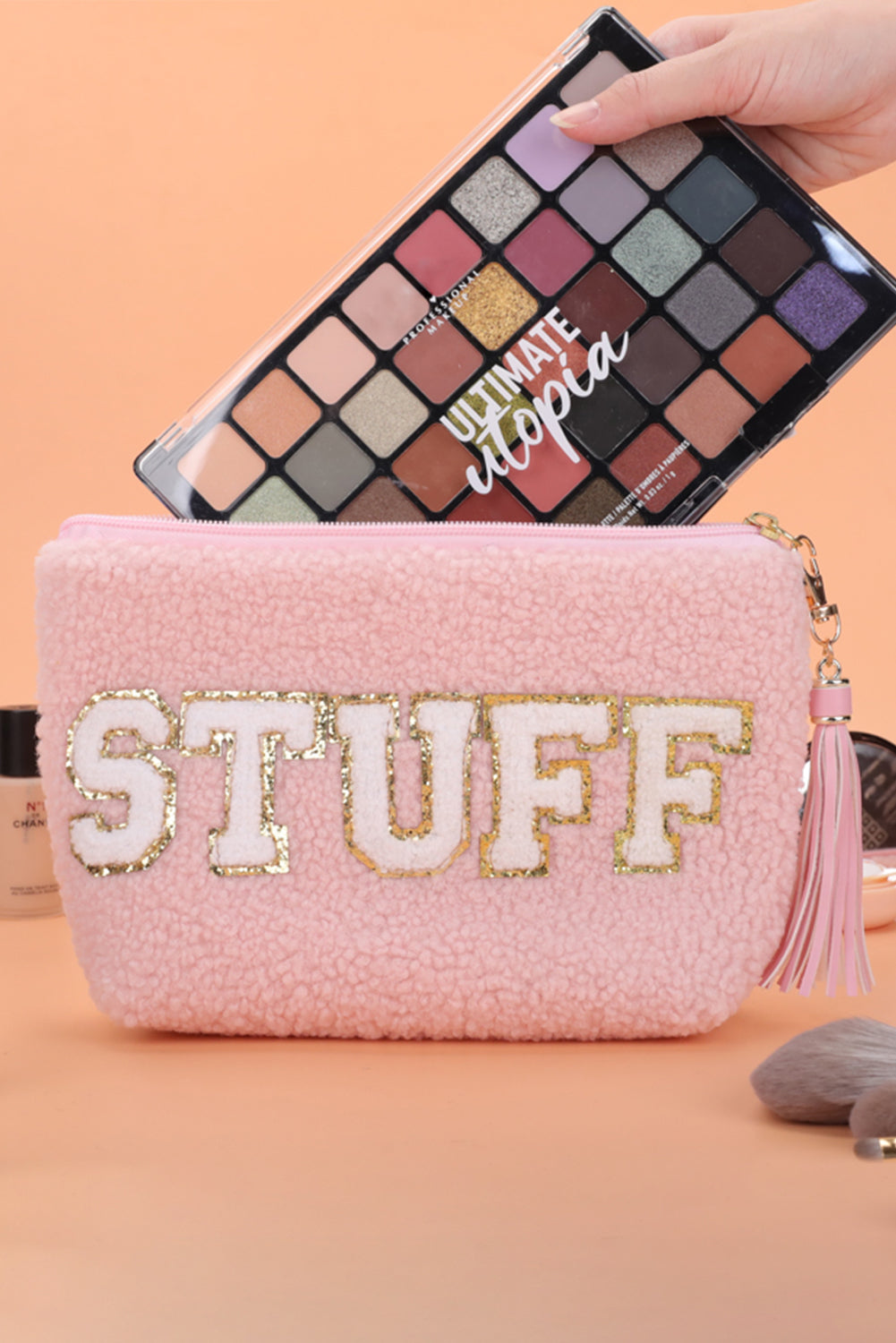 Pink Sparkle Letter Pattern Tassel Zipper Makeup Bag Other Accessories JT's Designer Fashion