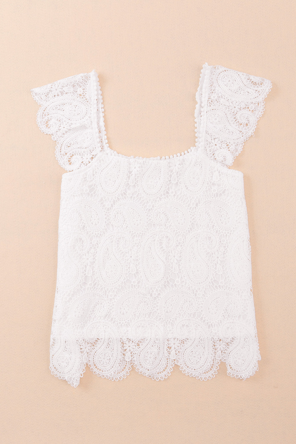 White Lace Crochet Ruffled Square Neck Tank Top Tank Tops JT's Designer Fashion