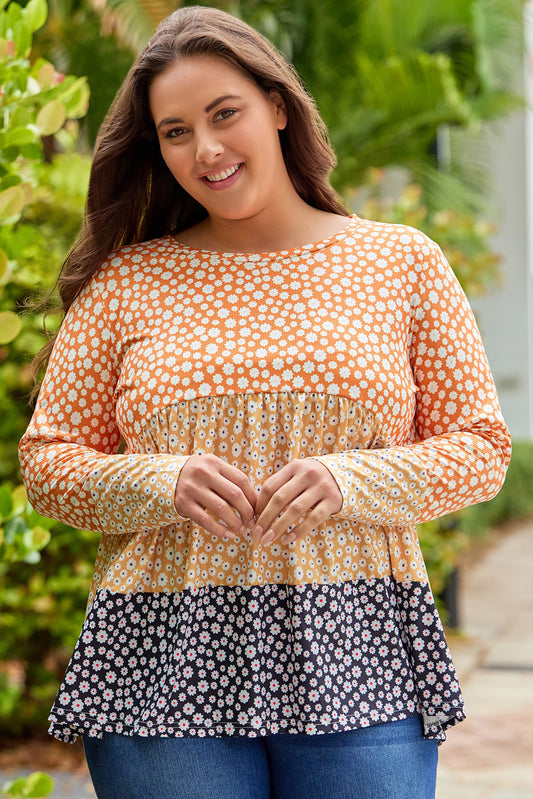 Orange Plus Size Colorblock Blooming Daisy Long Sleeve Flowy Top Plus Size Tops JT's Designer Fashion