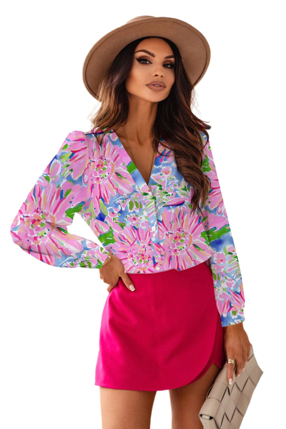 Pink Floral Button V Neck Long Sleeve Shirt Tops & Tees JT's Designer Fashion