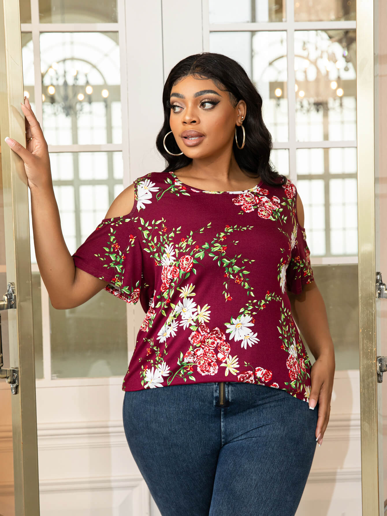 Plus Size Cold-Shoulder Round Neck Curved Hem Tee Plus Size Tops JT's Designer Fashion