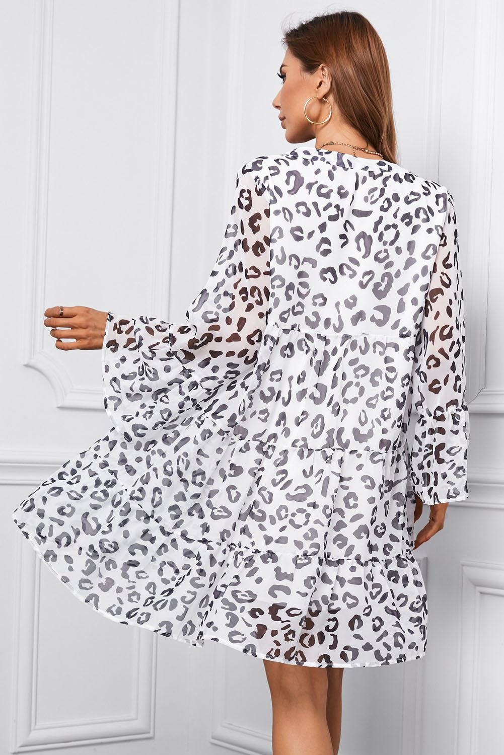 Bright White Plus Leopard Flounce Sleeve Split Neck Tiered Dress Plus Size JT's Designer Fashion