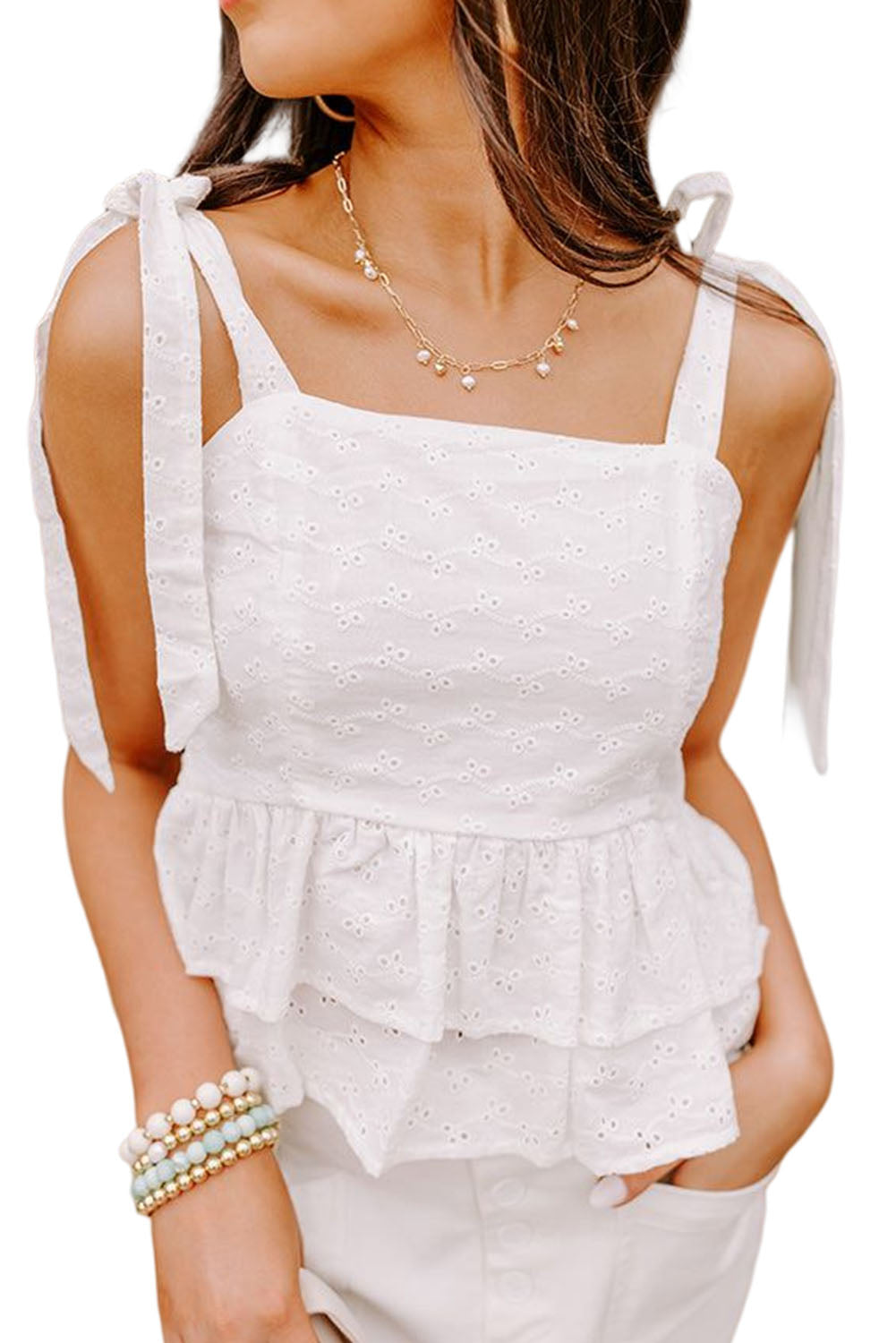 White Eyelet Pattern Tied Shoulder Peplum Tank Top Tank Tops JT's Designer Fashion