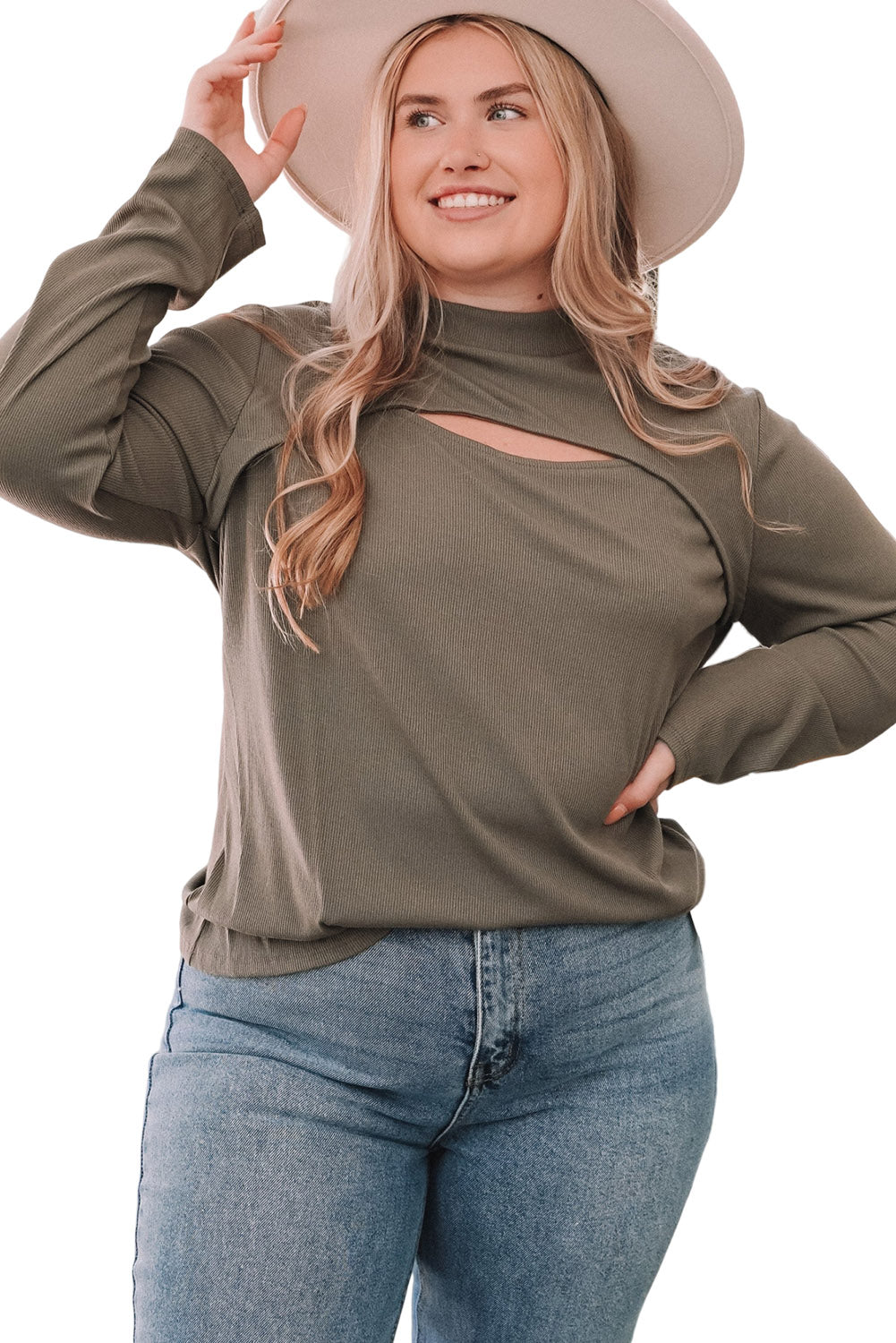 Green Plus Size Mock Neck Cut out Top Plus Size JT's Designer Fashion