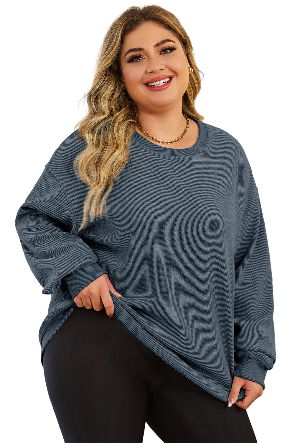 Blue Plus Size Corded Round Neck Sweatshirt Plus Size JT's Designer Fashion