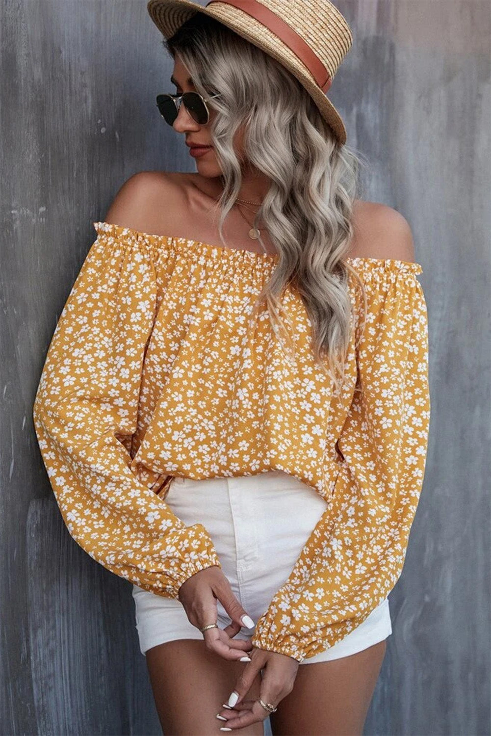 Yellow Floral Print Frill Trim Off-shoulder Lantern Sleeve Blouse Tops & Tees JT's Designer Fashion