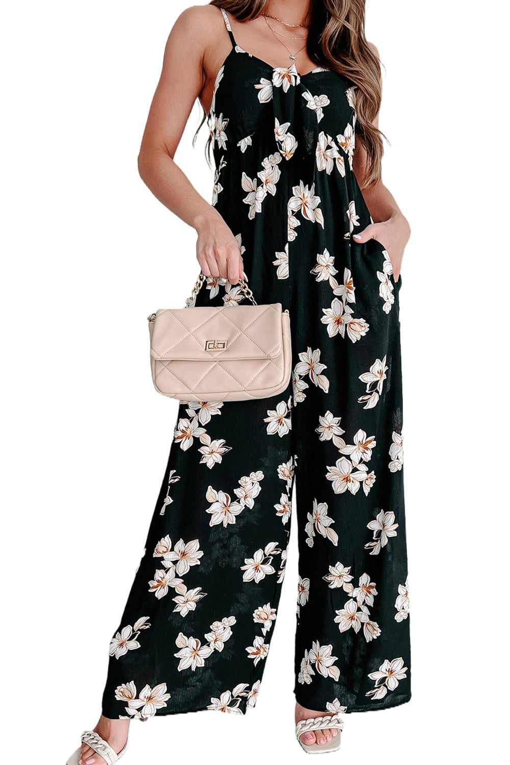 Black Tie Decor V Neck Floral Wide Leg Jumpsuit Jumpsuits & Rompers JT's Designer Fashion