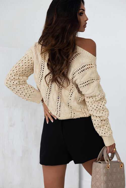 Full Size Openwork Cable-Knit Round Neck Knit Top Sweaters & Cardigans JT's Designer Fashion