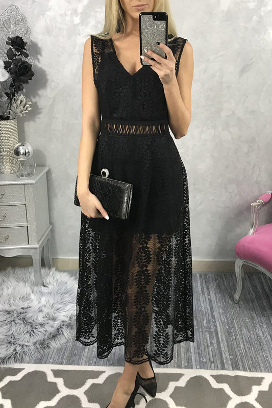 Black Contrast Lace High Waist Sleeveless V Neck Long Dress Black 95%Polyester+5%Elastane Maxi Dresses JT's Designer Fashion