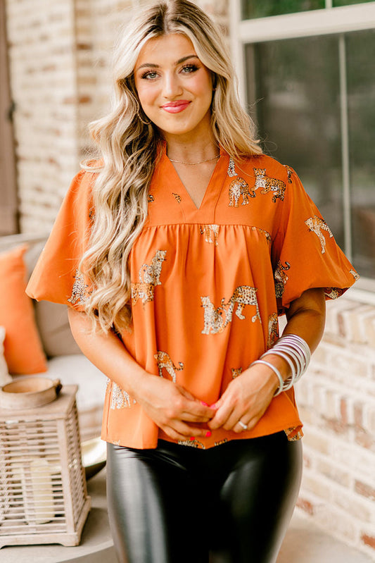 Orange Cheetah Print V Neck Puff Sleeve Plus Size Blouse Plus Size JT's Designer Fashion